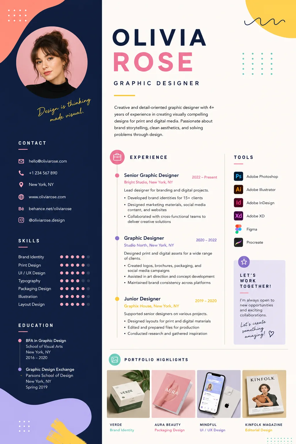Stylized two-column CV mockup for a 'Graphic Designer' named Olivia Rose, with a dark navy sidebar containing photo, contact info, skills bars, and education, and a main column with experience bullets and a portfolio grid — the kind of beautifully designed template the article warns against uploading to an ATS.